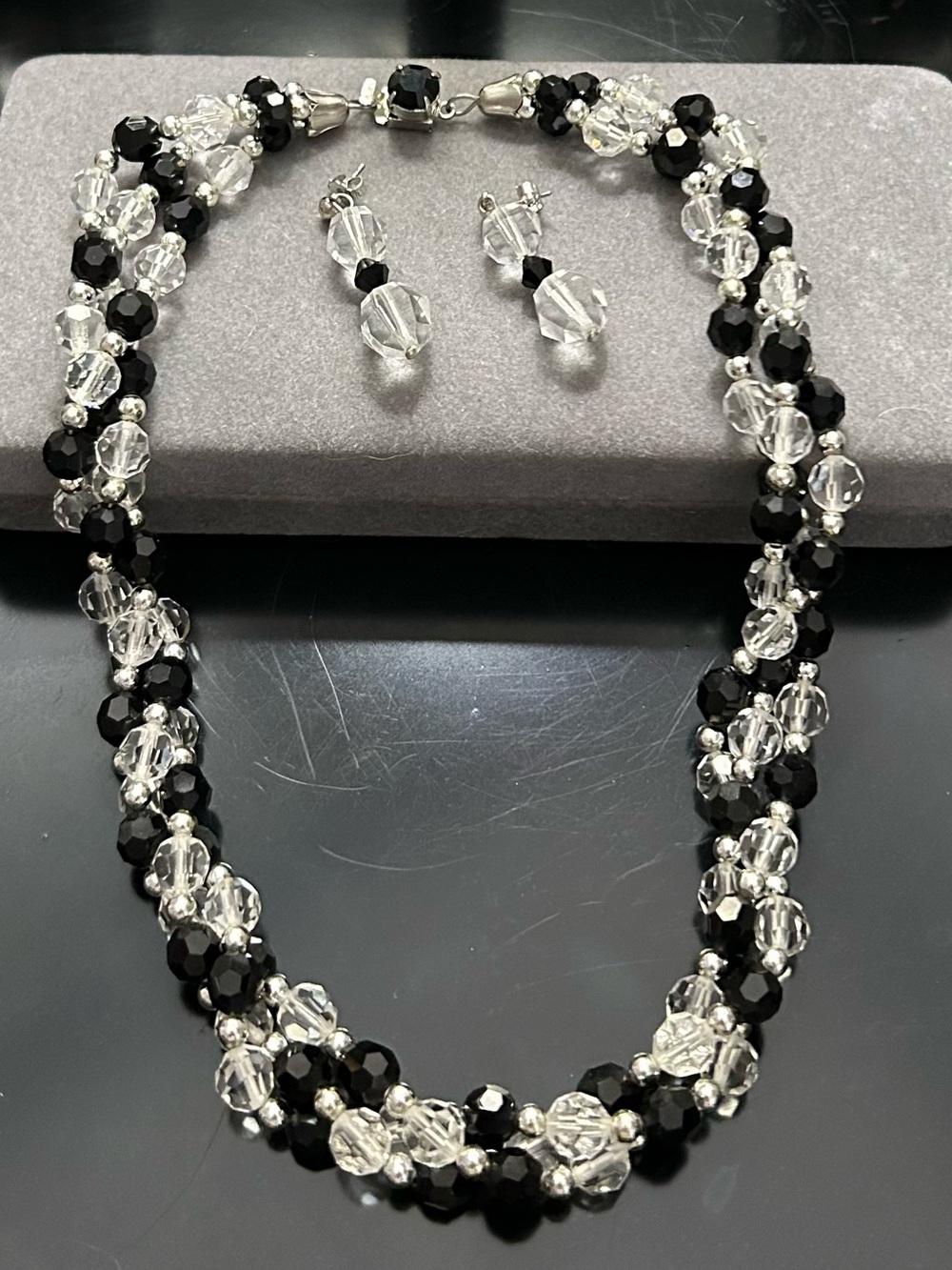 Triple Strand Faceted Clear & Black Crystal Glass Bead Choker Necklace/Earrings